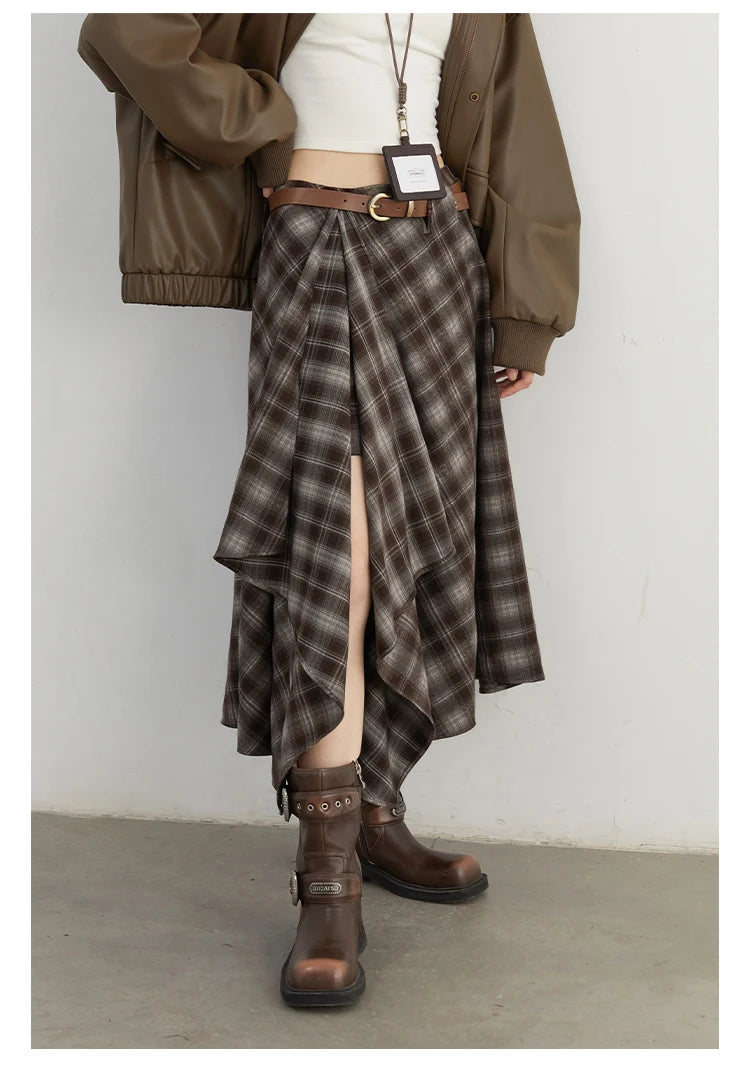 CHIC VEN Women Skirts A Line Retro Loose High Waist Irregular Color Plaid Frosted Half Body Long Ladies Skirt Autumn Winter 2026