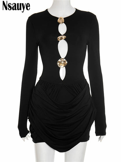 Nsauye Autumn Winter Women 2025 Sexy Night Club Mini Wrap Hollow Out Party Dress Fashion Elegant Evening Short Dress Long Sleeve