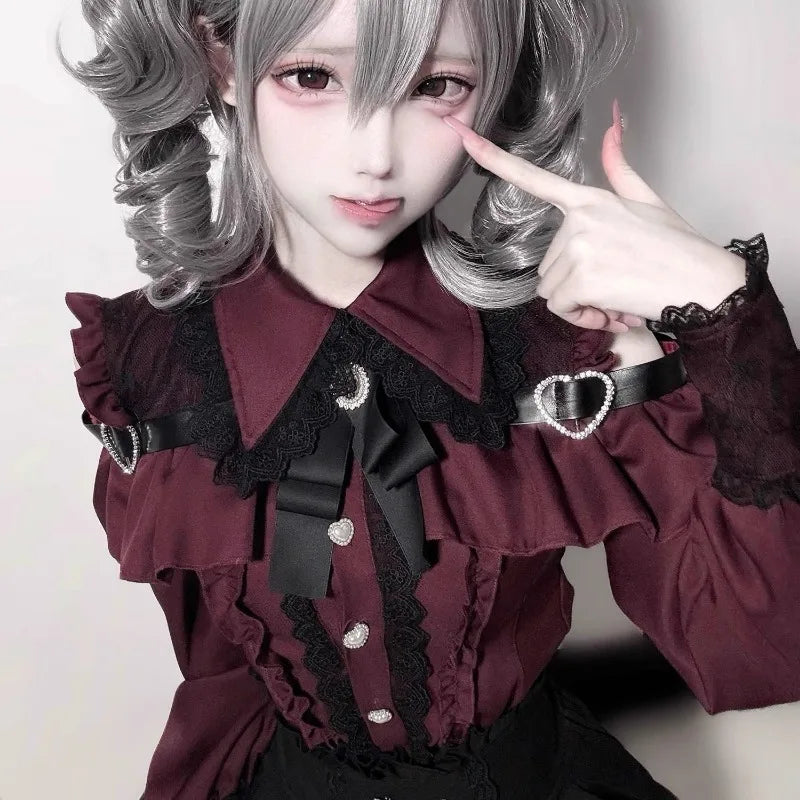 Gothic Women's Clothing Shirt Long Sleeve Lolita Blouse Japanese Bow Tie Sweet Cute Tops Design Streetwear Y2k Retro Blouse New