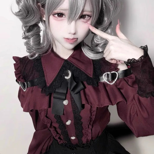 Gothic Women's Clothing Shirt Long Sleeve Lolita Blouse Japanese Bow Tie Sweet Cute Tops Design Streetwear Y2k Retro Blouse New