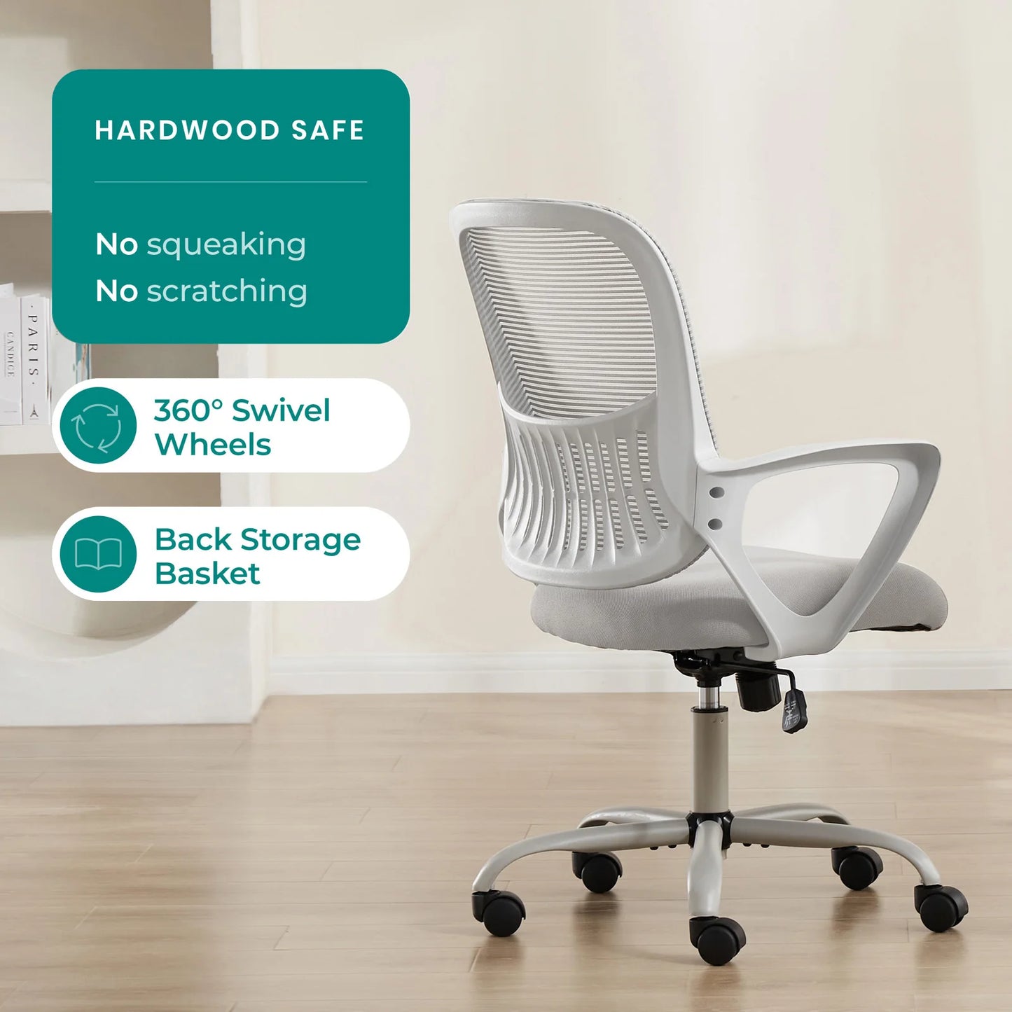 MCQ Fixed Armrest Gaming Office Chair Ergonomic Adjustable Height and 360° Rotating Roller omfortable Lumbar Support For Office