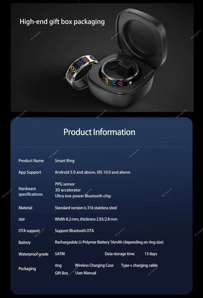 2025 New SR08 Smart Ring LED Display Screen Heart Rate Gesture Sweep Video Sleep Monitor 5ATM Waterproof Fitness Tracker Rings