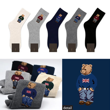 Polo Socks Men Gentleman Cotton Socks Bear Cartoon Bussiness Harajuku Skateboard Novelty Breathable Sox Designer Socks Size46-39