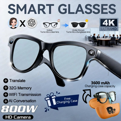 2026New 800W 4K HD Color Change AI Smart Glasses Men Record Video 3600mAh Battery 120+Languages Translation Music Player Glasses