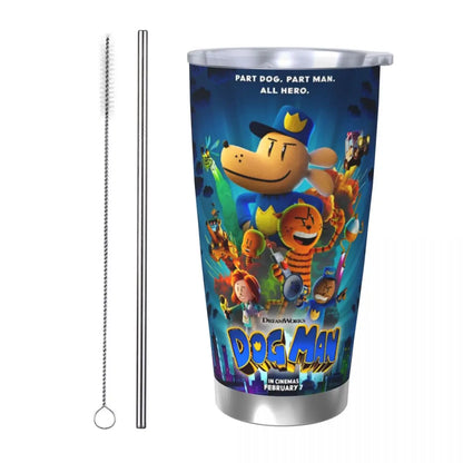 Dog Man Dogman Movie Comic Insulated Tumbler with Straws Cartoon Stainless Steel Thermal Mug Double Wall Car Bottle Cups, 20oz