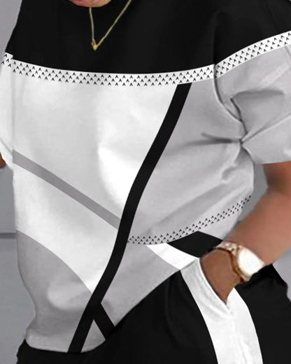 Ladies Casual Summer Two Piece Sets Printed Shorts Sets Women Round Neck Short Sleeve T Shirts Pullover High Waist Trousers Suit