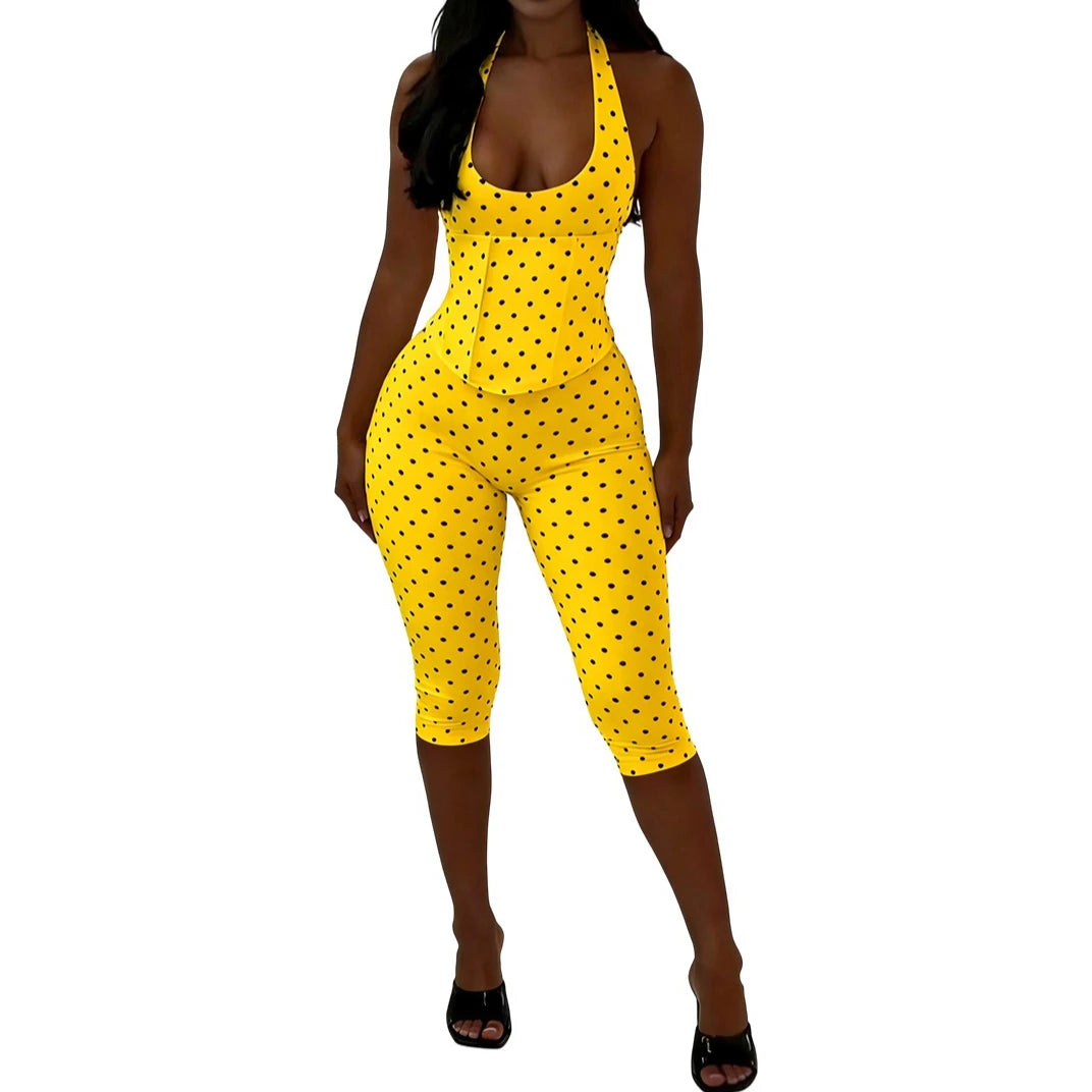 FAGADOER Sexy Polka Dot Print Bodycon Jumpsuits Woman Halter Deep V-neck Backless Rompers Female Streetwear Overalls 2026 New