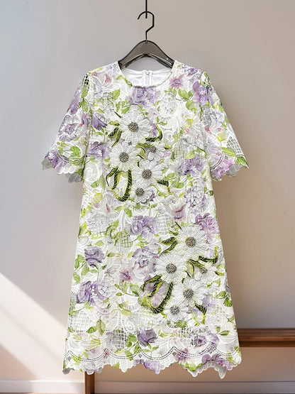 Womens Summer Hollow Embroidery Dress Short Sleeve Beaded Applique Lace Midi Dress Casual Elegant Chic Summer Party Wear