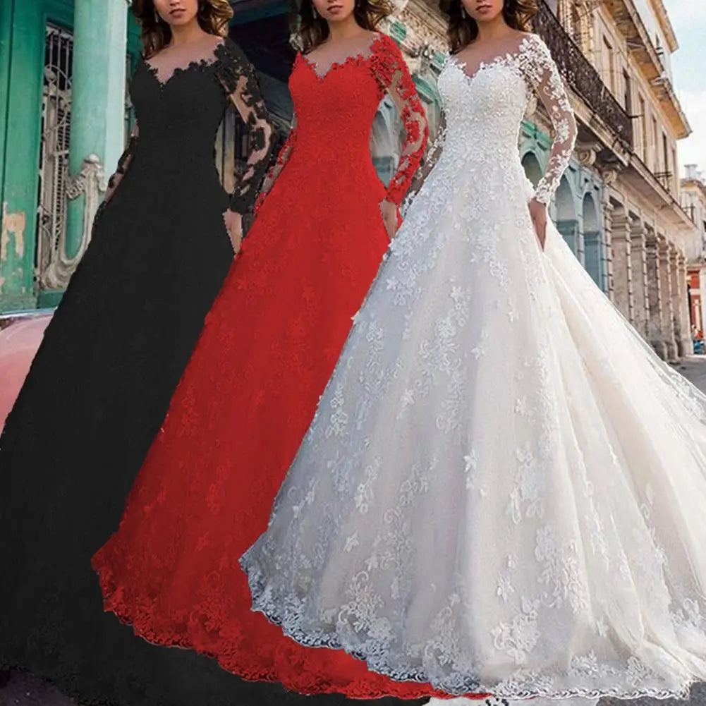 Detail Lace Cocktail Party Dress Floral Embroidere Maxi Dress Women Wedding Bride Dress Lace Long Sleeve Back Zipper Lace