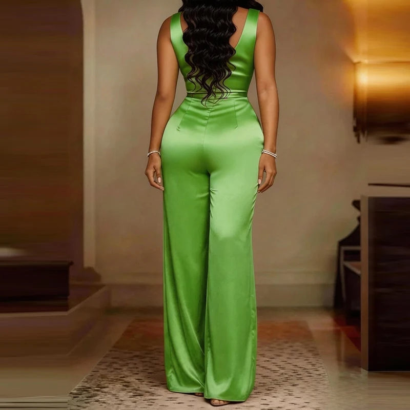 Sexy Swing Collar Waisted Solid Satin Jumpsuit Fashion Commute Wide Leg Pants Romper Women Casual Sleeveless Pleat Long Playsuit