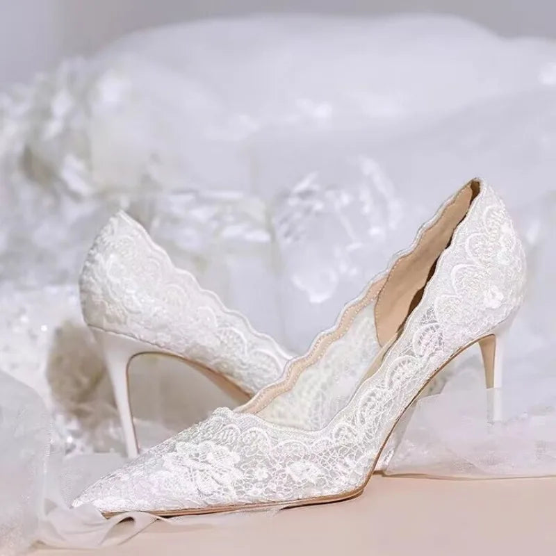 White Wedding Shoes Bridal Shoes Design Sense Niche Lace Pointed Stiletto Heel Shallow French High Heels Female Temperament