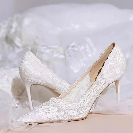 White Wedding Shoes Bridal Shoes Design Sense Niche Lace Pointed Stiletto Heel Shallow French High Heels Female Temperament