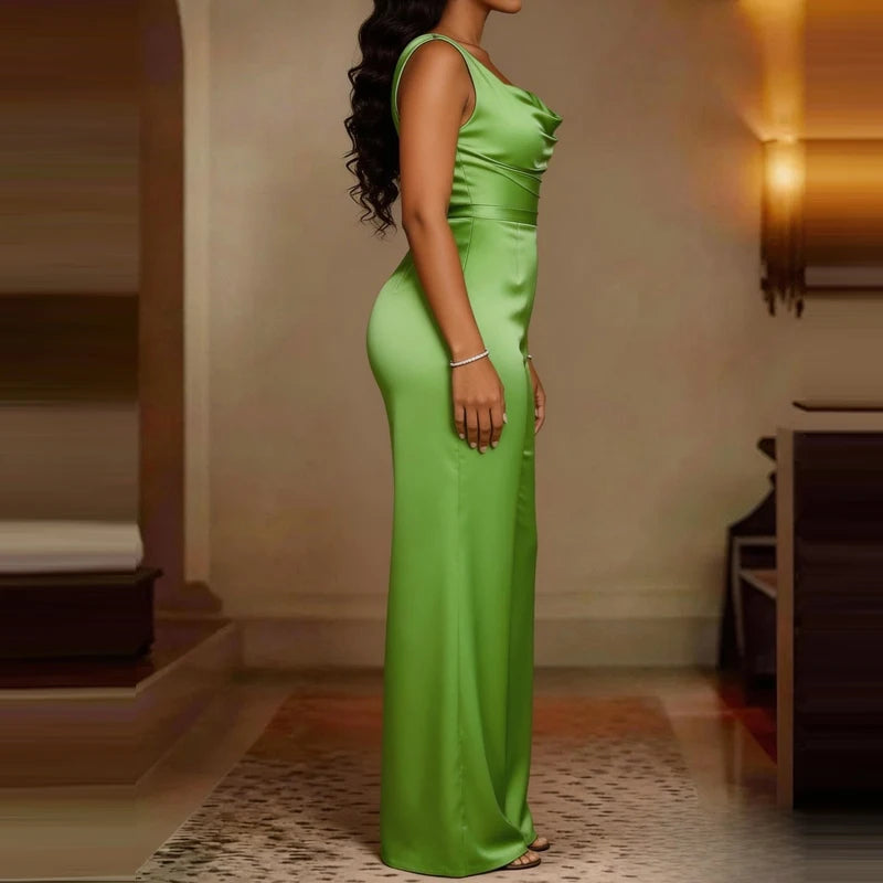 Sexy Swing Collar Waisted Solid Satin Jumpsuit Fashion Commute Wide Leg Pants Romper Women Casual Sleeveless Pleat Long Playsuit