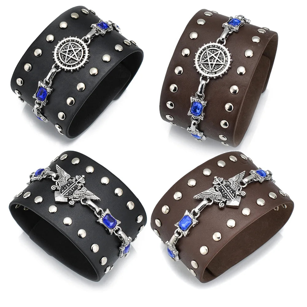 leather punk bracelet Black PU Leather Bracelet For Women Men Vintage Punk Wide Bangles Jewelry