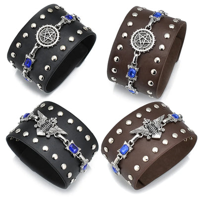 leather punk bracelet Black PU Leather Bracelet For Women Men Vintage Punk Wide Bangles Jewelry