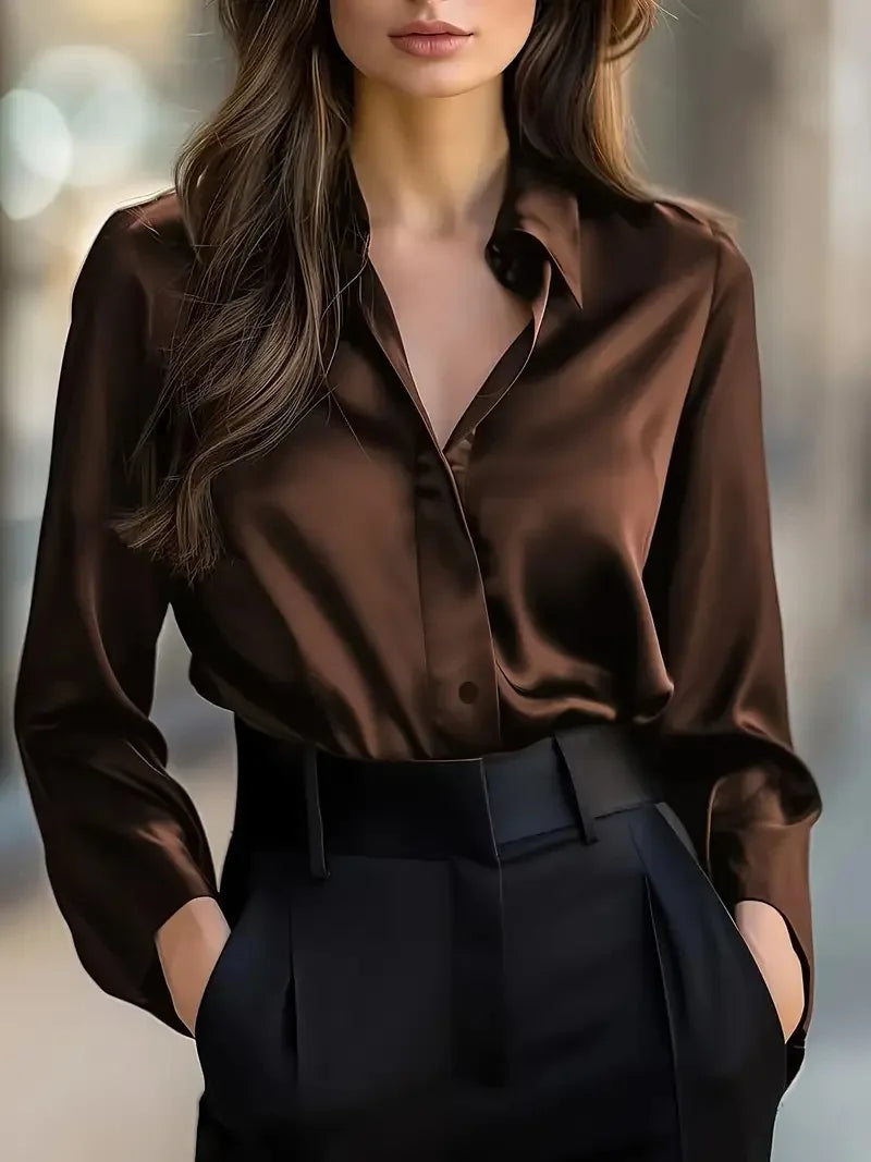 2025 Spring and Autumn Women's Lapel Shirt Brown Button Cardigan Top Black Elegant Fashion Office Basic Blouses for Female