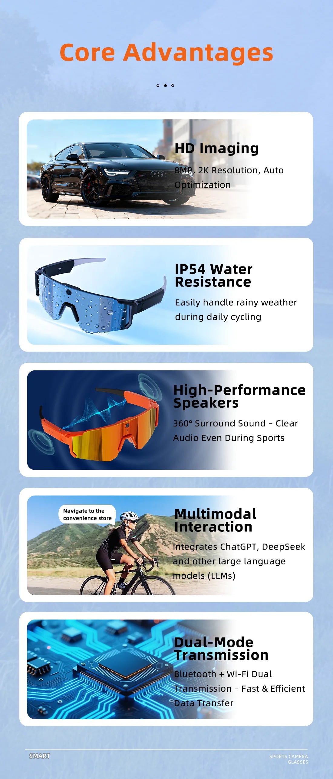 2026 AI Skiing Smart Glasses 800W HD Anti-shake Camera Action Capture Goggles Men 3D Surroud Sound AI Chat Call Sport Sunglasses