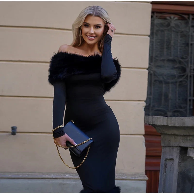 Faux Fur Patchwork Strapless Dress Women Sexy Off-shoulder Full Sleeve Cinched-waist Slim Long Gown Lady Christmas Party Dresses