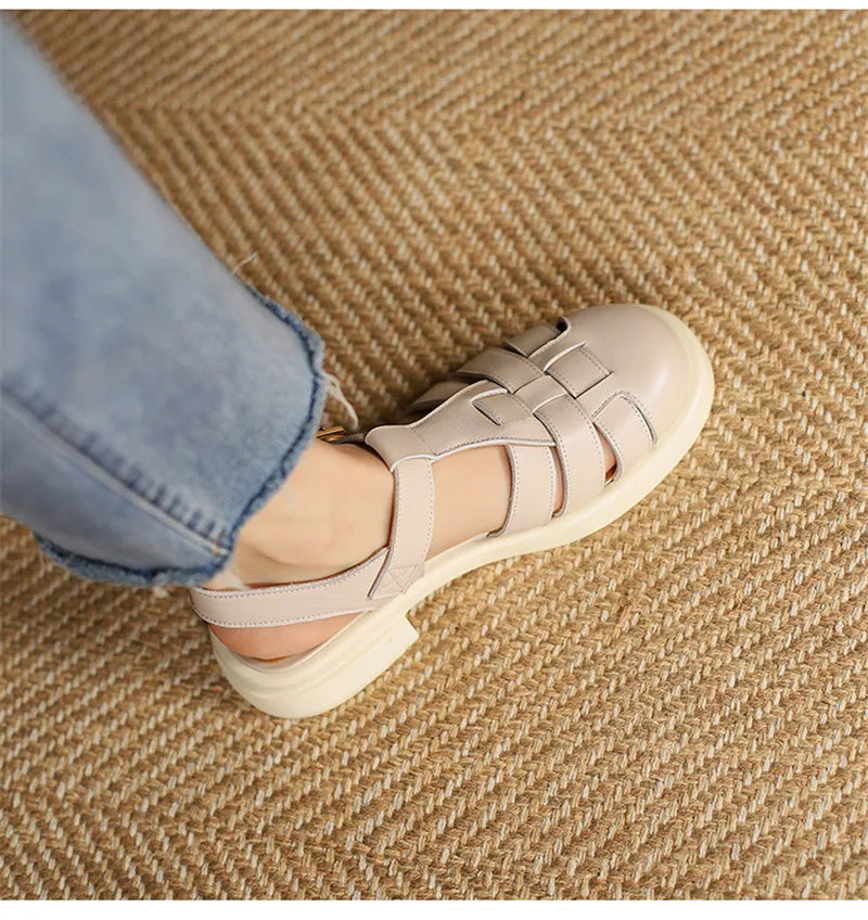 2023 Women Sandals Retro Genuine Leather Luxury Roman Sandals Casual Buckle Strap Summer Shoes GLADIATOR Thick Heel Women Shoes