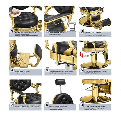 Reclining Barber Chair Heavy Duty Salon Chair Wide Seat Gold & Black for Barber Station with Footrest, Customized