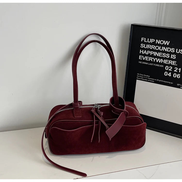 Retro Red Suede Wedding Shoulder Bag Luxury Designer Women Versatile Underarm Bags Elegant Female Large Capacity Handbags