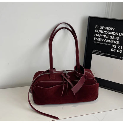 Retro Red Suede Wedding Shoulder Bag Luxury Designer Women Versatile Underarm Bags Elegant Female Large Capacity Handbags