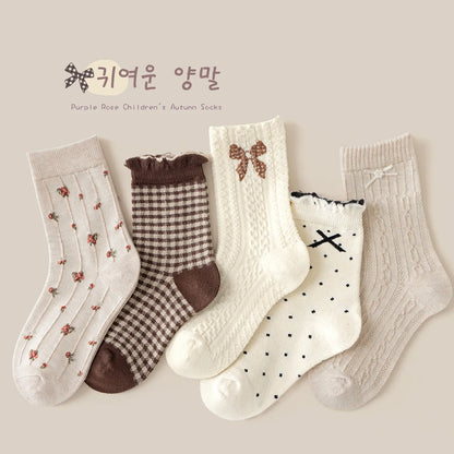 Auutumn Winter Girls Socks Retro Maillard Color Ruffle Socks Children's Calf Socks Cotton Socks  5 Pairs