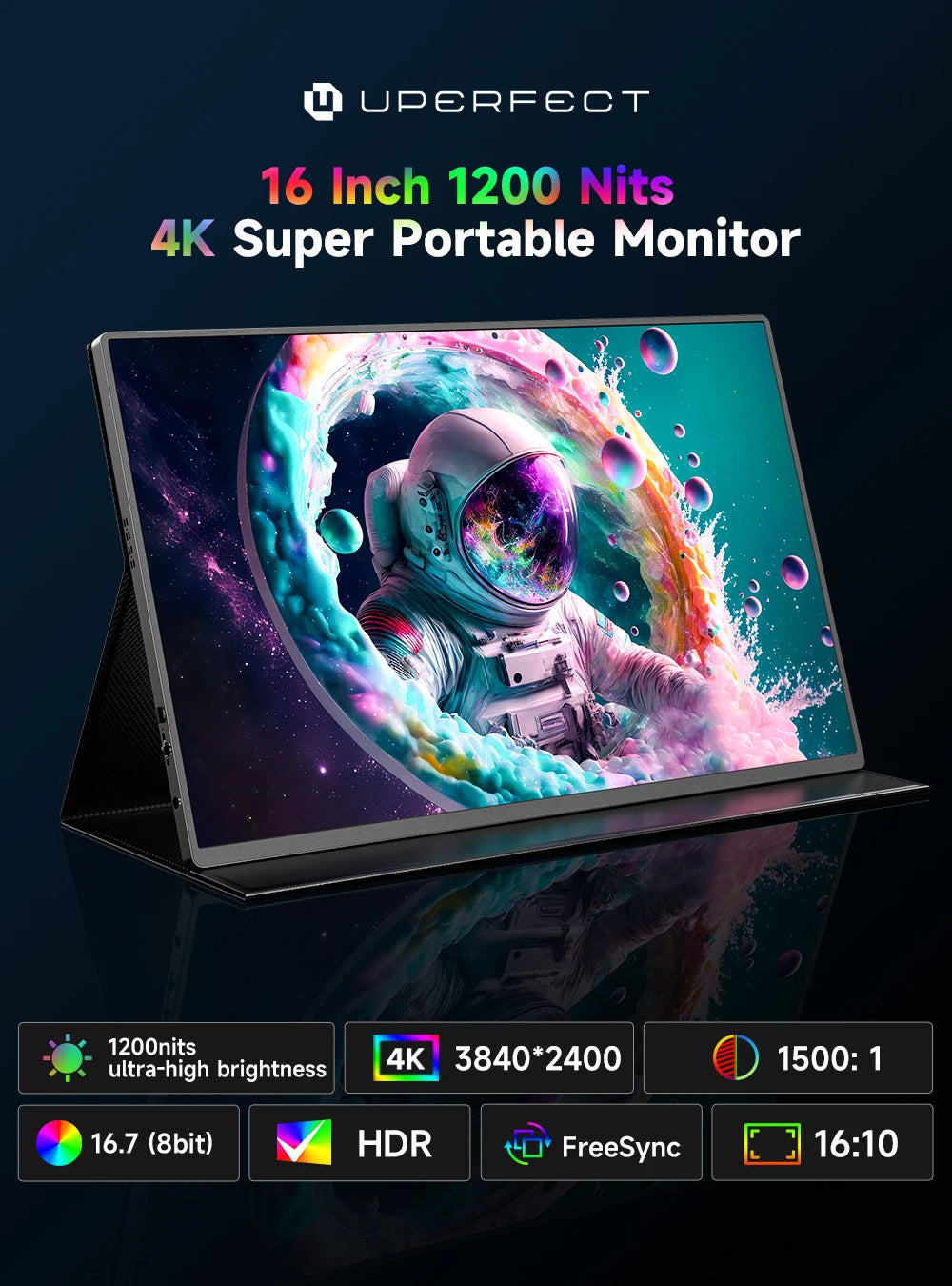UPERFECT Portable Monitor 4K 1200 Nits 16" Laptop Monitor 3840*2400 UHD HDR FreeSync 16:10 1500:1 USB-C & MINI HDMI VESA & Smart Case Travel Second Screen for PC Phone Xbox Switch