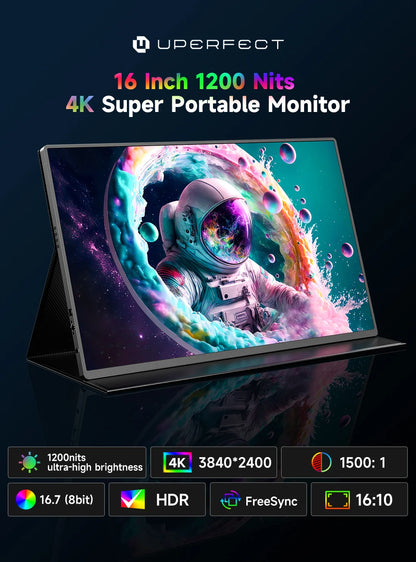 UPERFECT Portable Monitor 4K 1200 Nits 16" Laptop Monitor 3840*2400 UHD HDR FreeSync 16:10 1500:1 USB-C & MINI HDMI VESA & Smart Case Travel Second Screen for PC Phone Xbox Switch