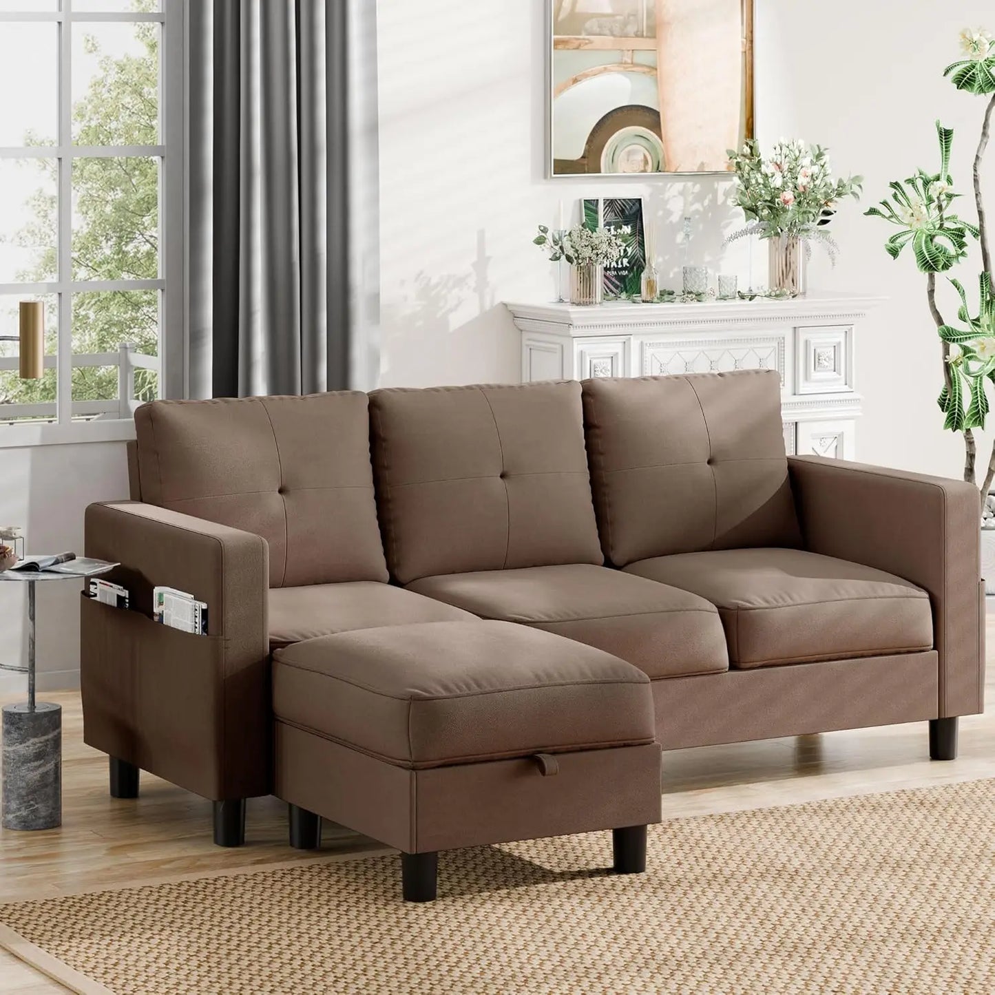 L-Shaped Couch 3 Seat Sofa Set with Linen Fabric and Ottoman Small Couch for Apartments, Black sofa set living room furniture