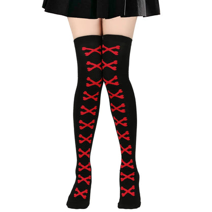 Womens Bone Thigh High Stockings Ladies Halloween Girls Black White Pink Long Over Above Knee Socks Tall Funny Cosplay Harajuku