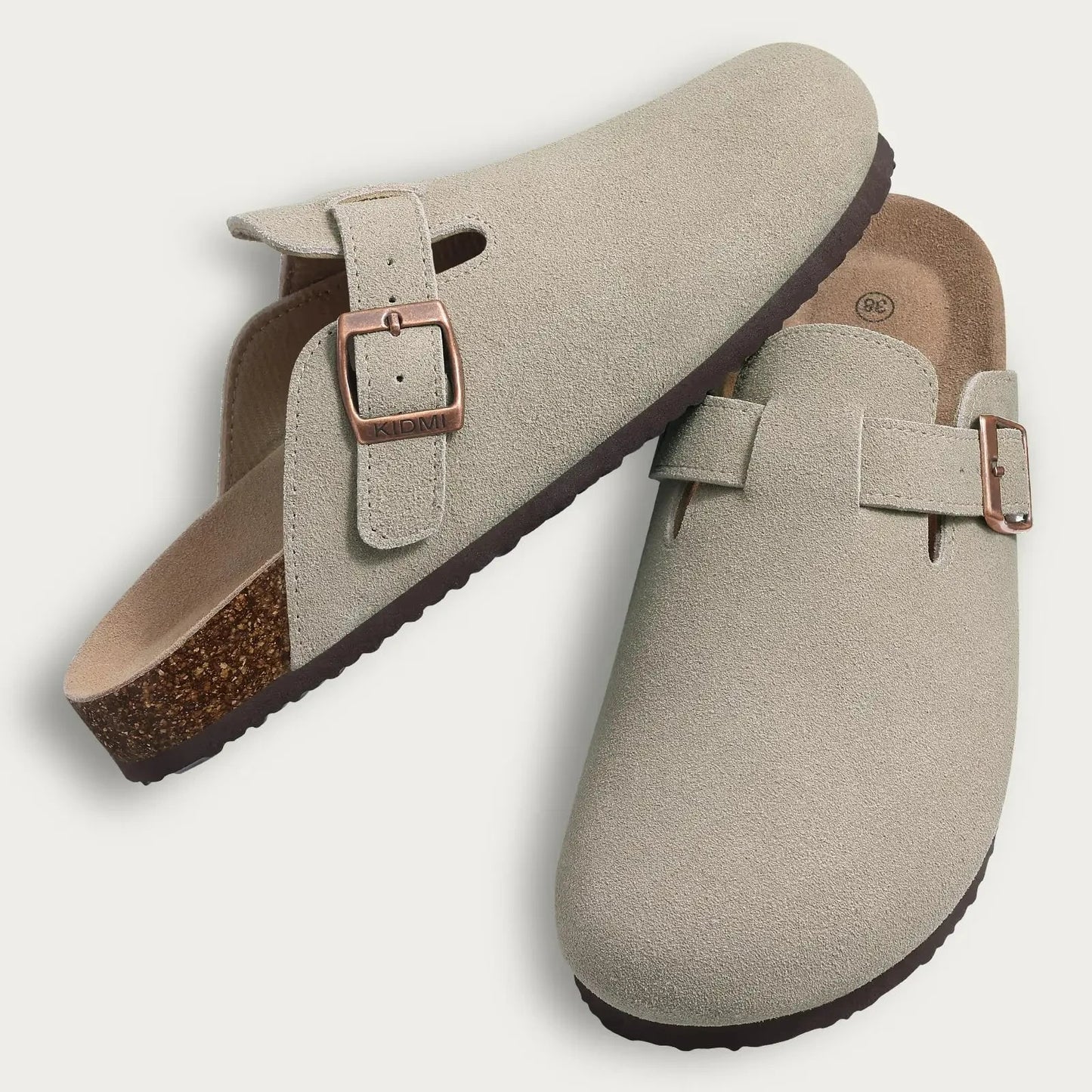 Crestar Women's Suede Clogs Lady Fashion Buckle Leather Mules Comfort Cork Footbed Potato Shoes with Arch Support Beach Sandal