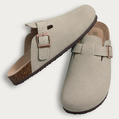 Crestar Women's Suede Clogs Lady Fashion Buckle Leather Mules Comfort Cork Footbed Potato Shoes with Arch Support Beach Sandal