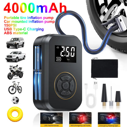 Multifunction Digital Air Pump, Portable Tire Inflator with SOS Light for Car Motorcycle Bicycle Tires, Balls, Boats, Camping