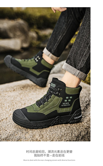 Original Black Leather Ankle Boots For Men Outdoor Non-slip Work Boots Men's Motorcycle Boots Platform High Top Bikers Shoes Man