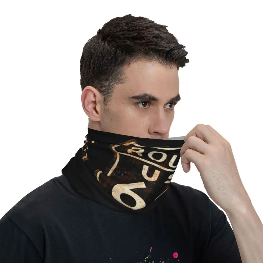 Custom Travel Motorcycle Ride Route 66 Bandana Winter Neck Warmer Windproof Wrap Face Scarf for Hiking Highways Gaiter Headband