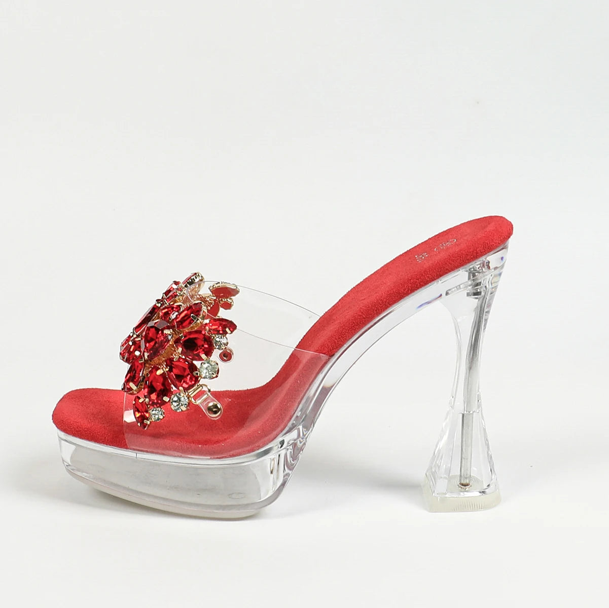 Women Rhinestone Slippers Summer Outside High Heels 2024 New Square Toe Thick Platform Sandals Transparent Shoes Size 43 Mules