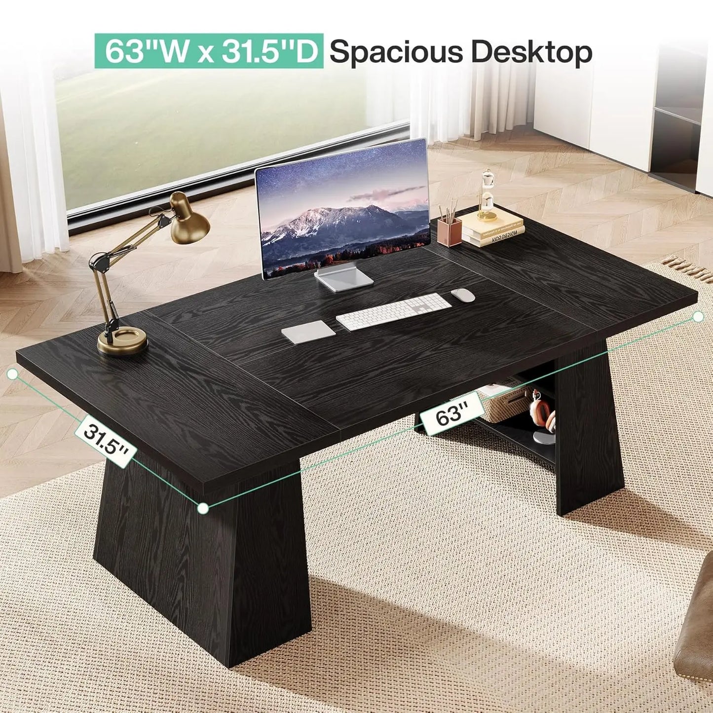 63-Inch Executive Desk, Modern Black Office Desk with Double Pedestal and Storage Shelves, Simple Large Computer, Customized
