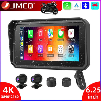 JMCQ Portable 6.25 inch Motorcycle GPS Navigation IPX7 Waterproof Wireless CarPlay Android Auto Drive Recorder Support 4K DVR