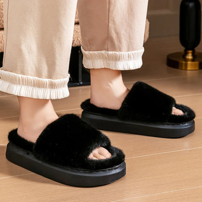 Fur Slippers Women Platform EVA Soles Memory Foam Winter Cozy Open Toe Breathable Living Room Shoes Luxury