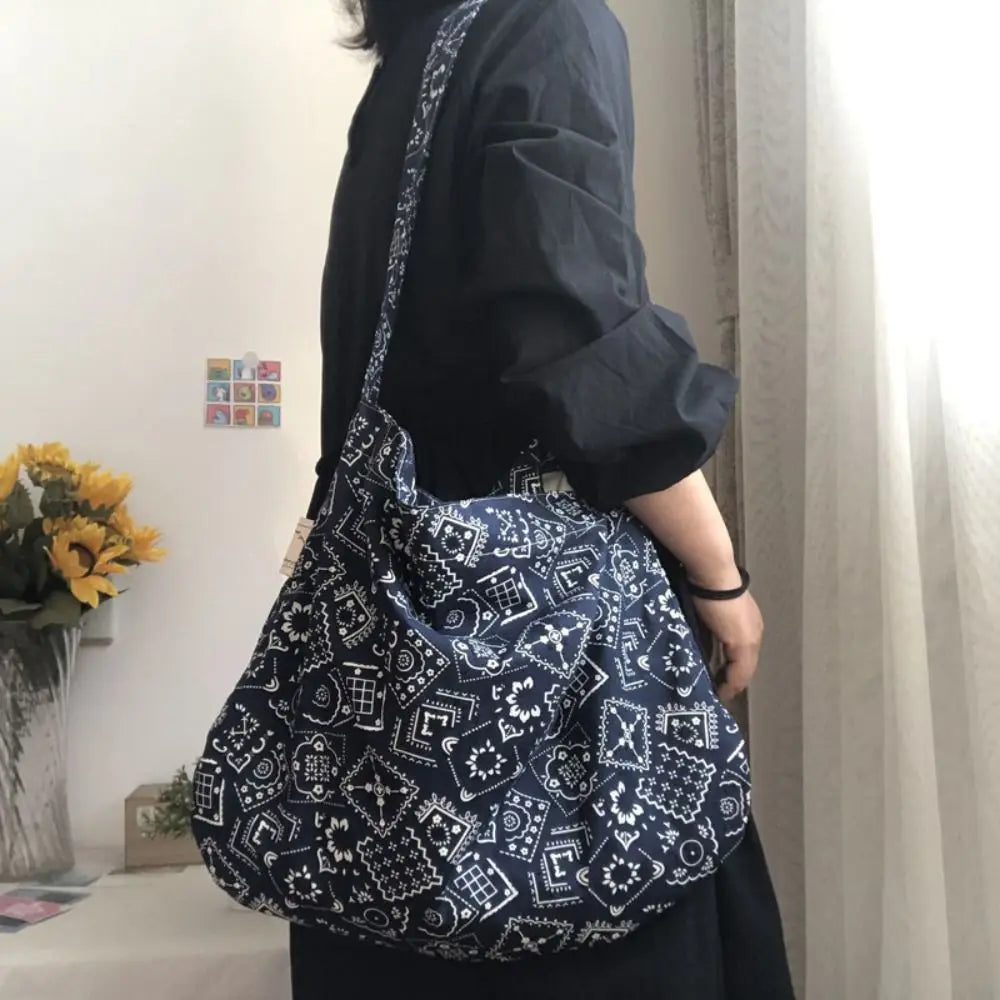 Portable Cotton Shopping Bag Bandanna Print Open Pocket Handbags Reusable High-capacity Books Bag Travel
