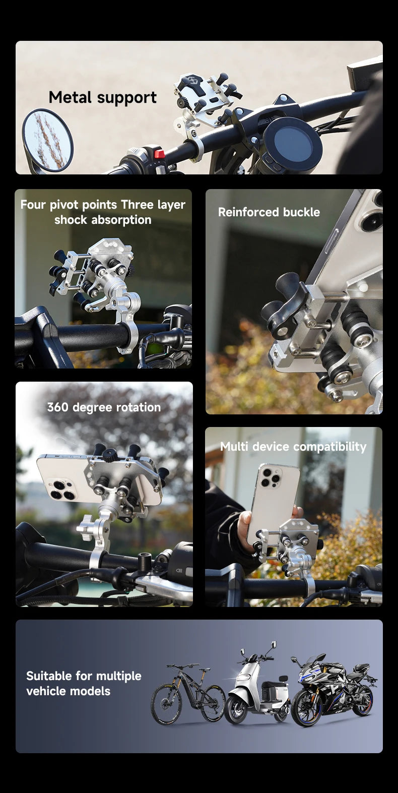 Motorcycle Phone Holder Universal Alloy Shock-Absorbing Motos Bicycle Handlebar Navigation Bracket 360° Rotary Adjustable Stand