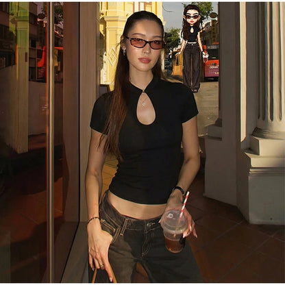 Stand Collar Button Hollow Out T-shirt Women Sexy Solid Short Sleeves Slim Fit Cropped Shirts 2026 Lady Daily Street Outwear New