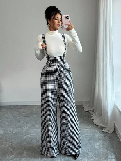 Overalls for Women's Winter Jumpsuit Black White Vintage Wide Leg Suspender Pants for Office Commute Casual Female Clothing
