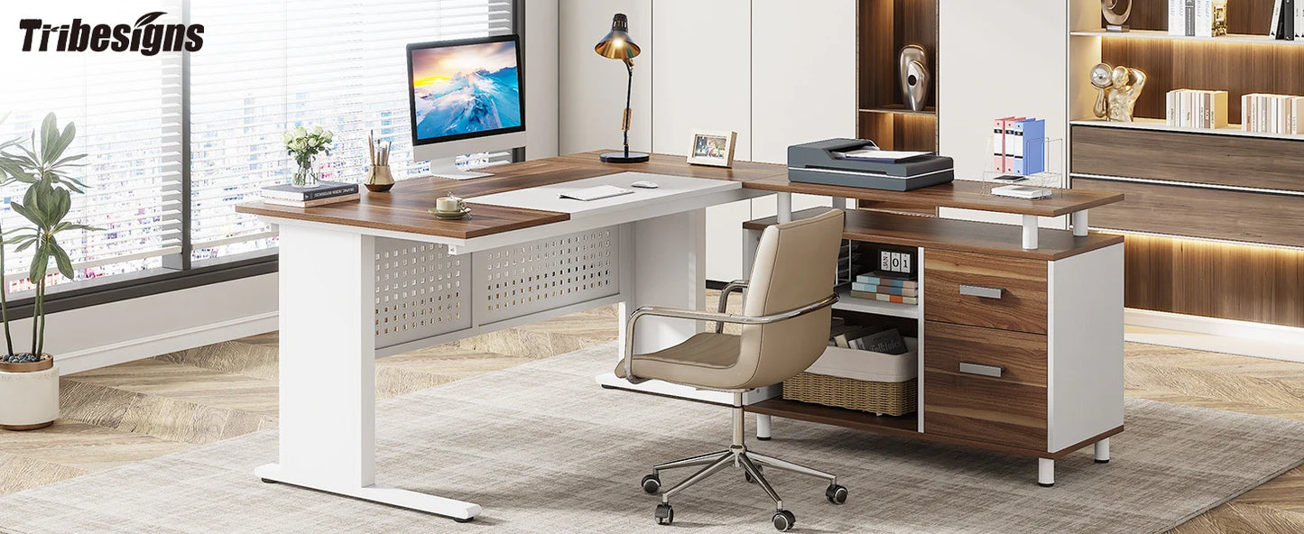 Tribesigns 63 Inch Executive Desk with File Cabinet, Large Office Desk L Shaped Computer Desk with Drawers and Storage Shelves