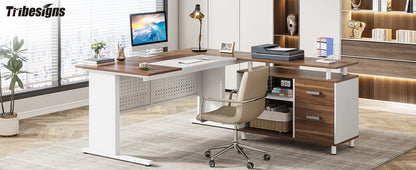 Tribesigns 63 Inch Executive Desk with File Cabinet, Large Office Desk L Shaped Computer Desk with Drawers and Storage Shelves
