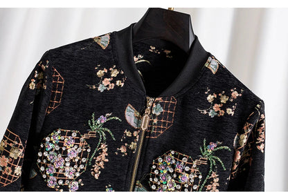 Luxury Beaded Black Jacquard Bomber Jacket Women Vintage Stand Collar Baseball Coat Elegant Embroidered Rhinestone Outerwear