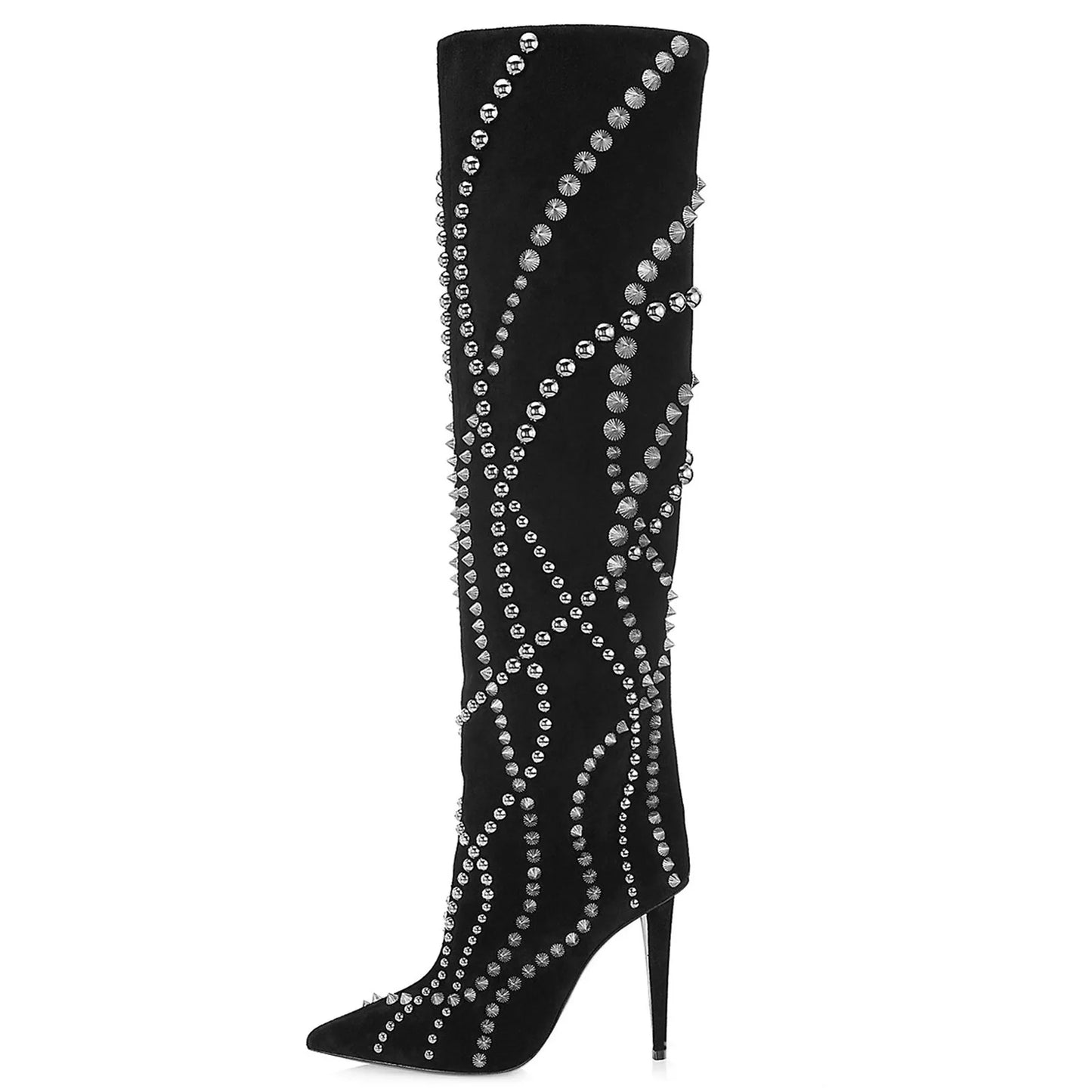 New European and American Women's Slim High Heels, Pointed Rivets, Knee Length Boots, Fashionable Party Oversized Mid Size Boots
