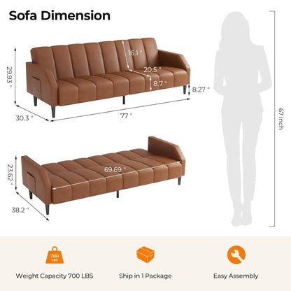 Faux Leather Couch, Convertible Futon Sofa Bed with Adjustable Backrest, Mid Century Leather Sofa Loveseat , Customized