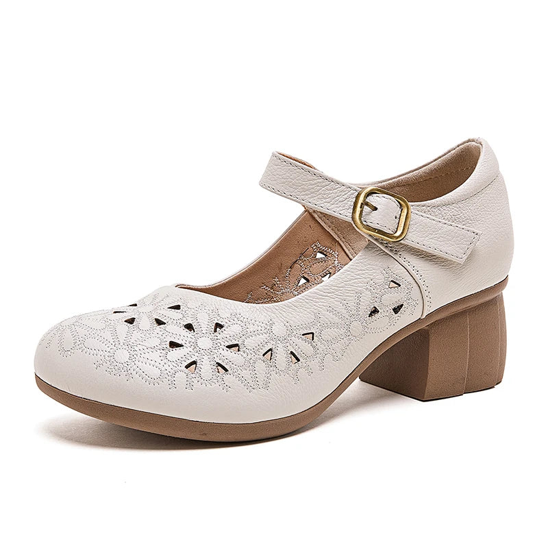 DIMANYU Women Floral Hollow Mary Jane Shoes Genuine Leather Mid Heel Summer Comfort Mother Shoes Ladies Dress Sandals